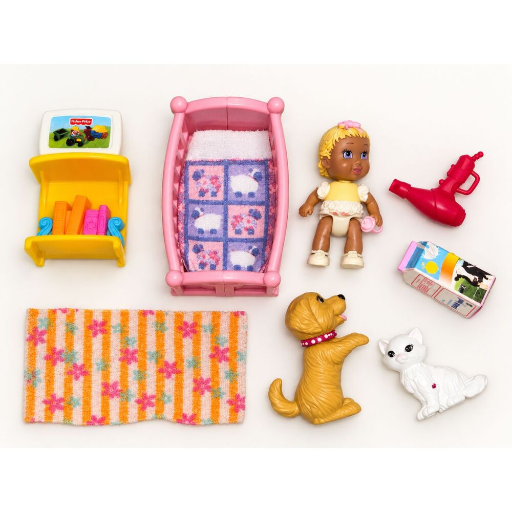 Vintage Doll Toy Lot Baby Doll Crib Pets Fisher Price Accessories Miniatures